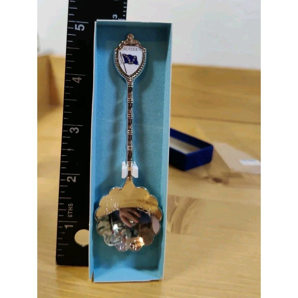 Alaska Souvenir Flag Spoon 4 1/4” Collectible Silverware W Box & Original Price